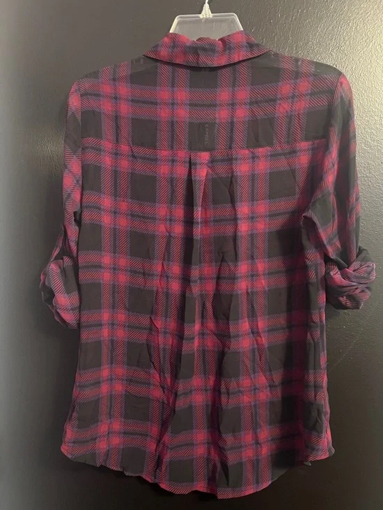 Express Portofino Black and Purple Plaid Roll-Sleeve Shirt - Picture 3 of 3